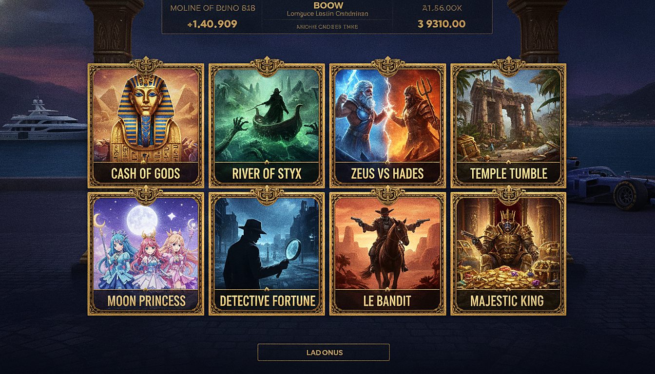 Catalogue de jeux Wonaco Casino : Cash of Gods, River of Styx, Zeus vs Hades, Temple Tumble, Moon Princess, Detective Fortune, Le Bandit, Majestic King