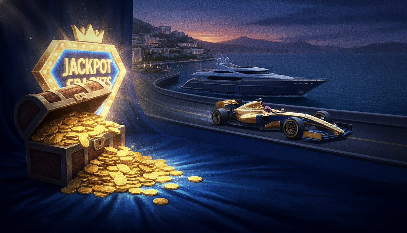 pile of gold coins and a glowing jackpot sign
