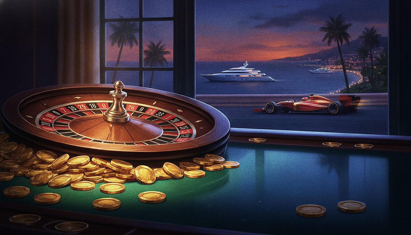 roulette wheel with gold chips, dramatic casino lighting