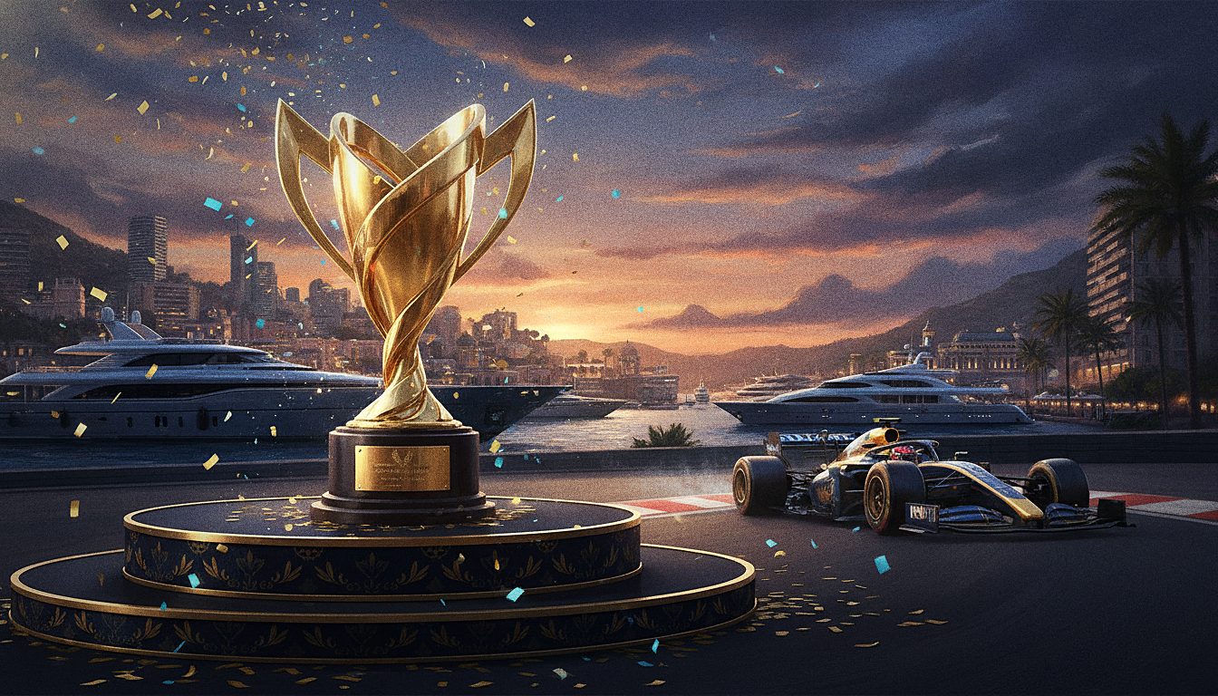 golden trophy on a podium with confetti, tournament theme